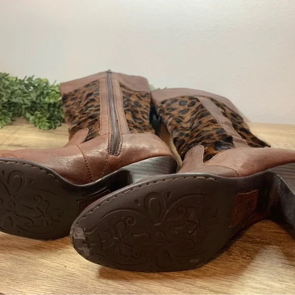Born Leather Boots Ladies Vintage w/Leopard Print Pony Hair